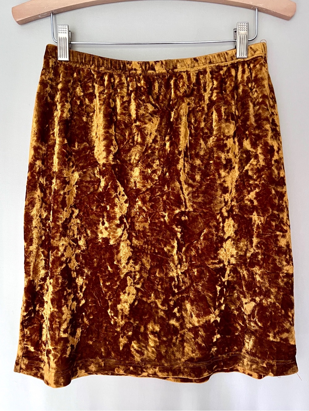 Vintage Tape Measure New York Crushed Velour Mini Skirt Golden Bronze Y2K L
